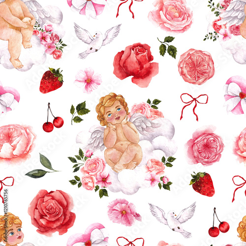 Seamless pattern with watercolor hand draw cake, floral bouquet, bow, hearts, vine, strawberry cherry, arrow and cupis. Valentines day clipart, isolated on white background photo