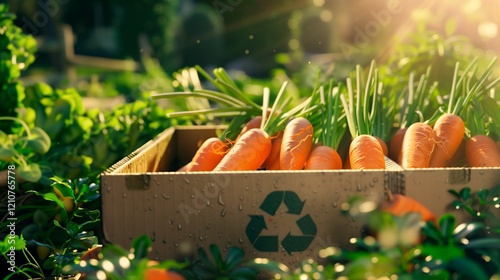 Cardboard Box Full of Fresh Carrots with Recycling Symbol in Sunlit Garden