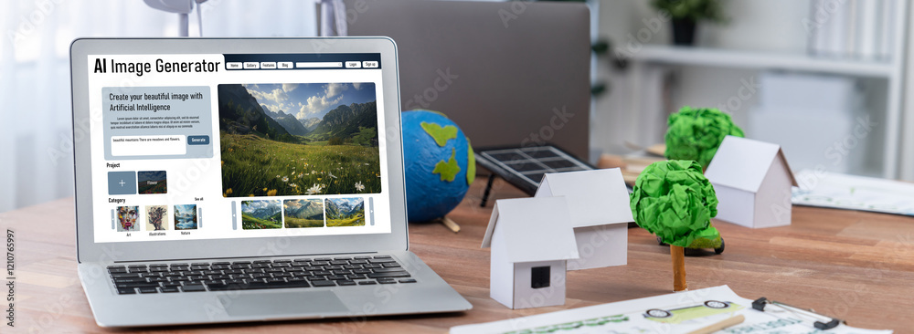 Naklejka premium AI image generator software provide picture to graphic designer and users by text prompt brisk with use of artificial intelligence AI processing power to give image according to prompt text