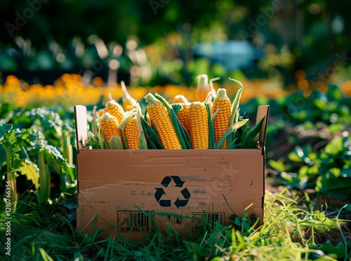 Cardboard Box of Fresh Carrots with Greenery in an Outdoor Garden