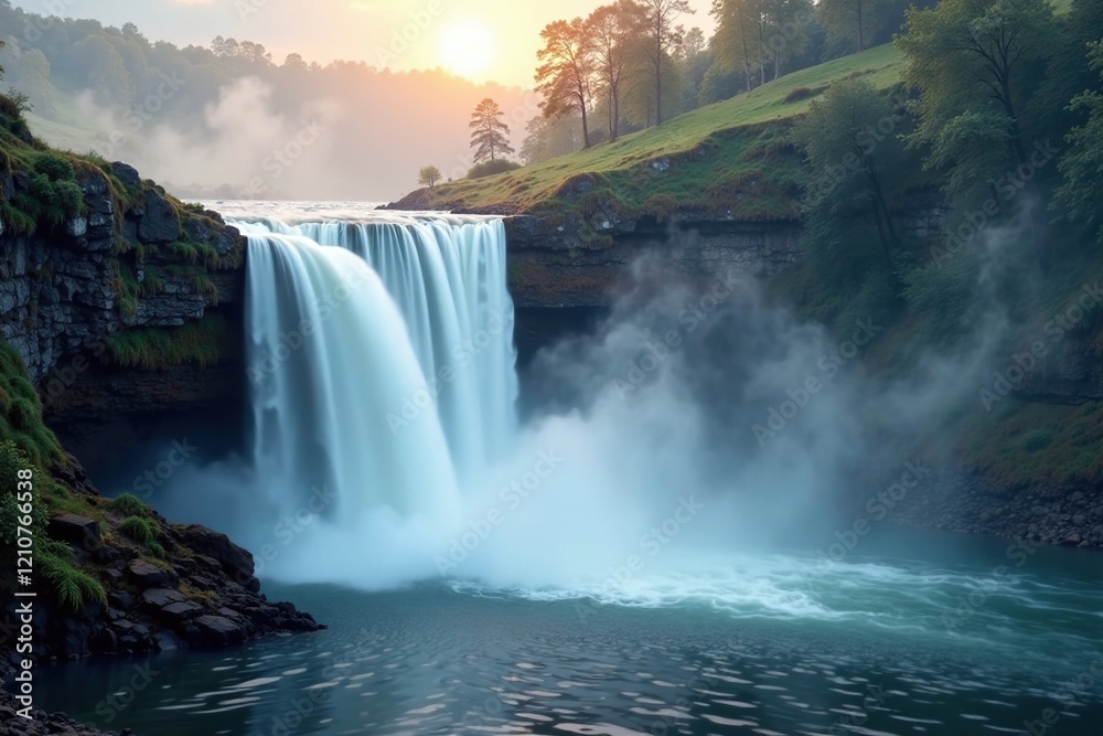 A tranquil waterfall cascading through a veil of swirling mist and smoke, soothing, smoke, peaceful A tranquil waterfall cascading through a veil of swirling mist and smoke, soothing, smoke, peaceful