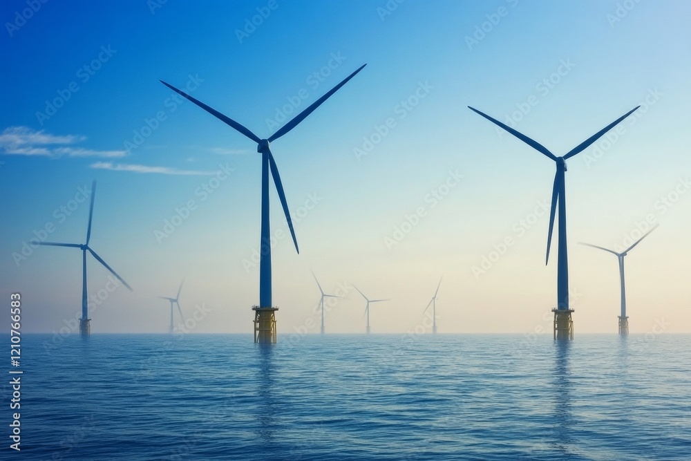 Offshore wind turbines gracefully rise from the calm ocean waters during a serene sunrise. The tranquil setting highlights clean energy production and environmental sustainability