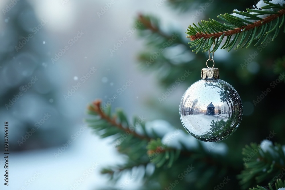 A delicate silver ornament hangs from a curved branch of a majestic fir tree against a snowy winter background, branch, sparkle A delicate silver ornament hangs from a curved branch of a majestic fir tree against a snowy winter background, branch, sparkle