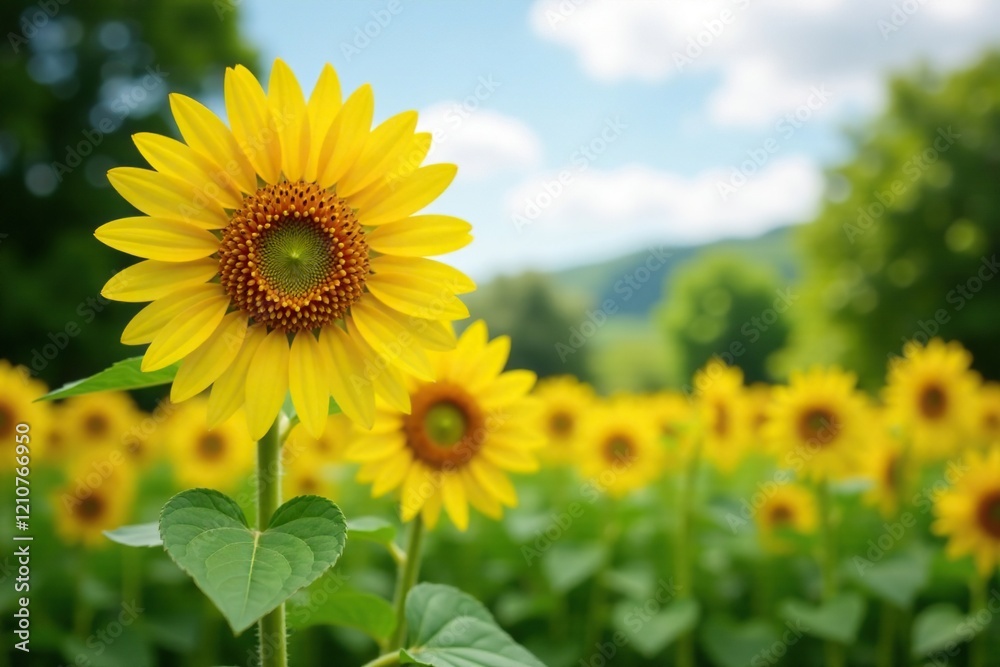Bright yellow sunflower blooms in a lush green garden, petals, sunshine, landscape Bright yellow sunflower blooms in a lush green garden, petals, sunshine, landscape