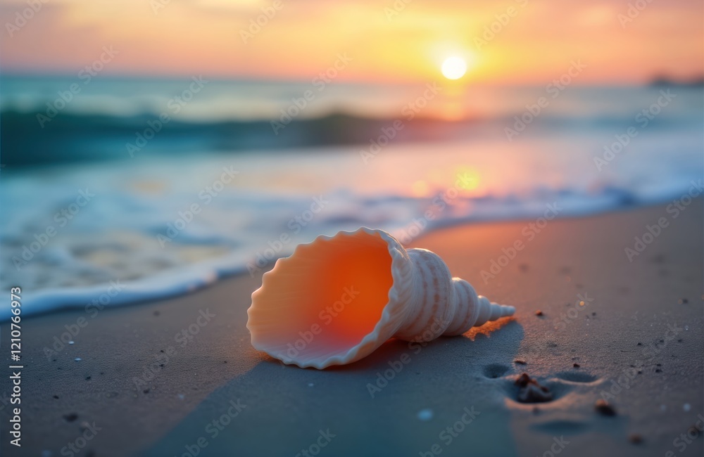 Seashell lies on beach at sunrise. Warm golden sunlight shines on shell. Gentle ocean waves wash shore. Calm, peaceful scene. Natural beauty of ocean at dawn. Beautiful seashell resting on sand. Seashell lies on beach at sunrise. Warm golden sunlight shines on shell. Gentle ocean waves wash shore. Calm, peaceful scene. Natural beauty of ocean at dawn. Beautiful seashell resting on sand.