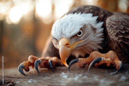 A majestic eagle grips a wooden surface, its fierce gaze and sharp talons exemplifying strength and power against a softly blurred backdrop.