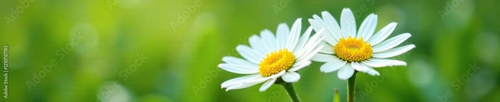 Fototapeta premium Daisies with white and yellow petals on green stem, petals, daisies