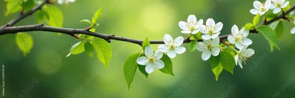Fototapeta premium Delicate white flowers cascade down a tree's twisted branch, floral, blossoms, greenery