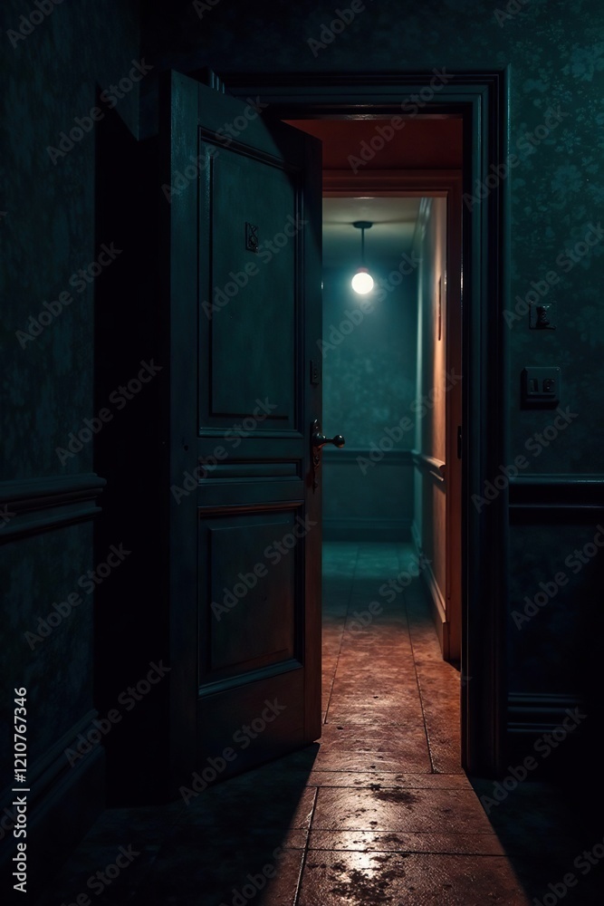 A door creaks open to reveal a dimly lit hallway, eerie, mystery, dark A door creaks open to reveal a dimly lit hallway, eerie, mystery, dark