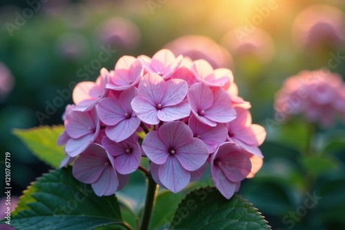 Softly glowing hydrangea blooms in the morning haze, nature, haze