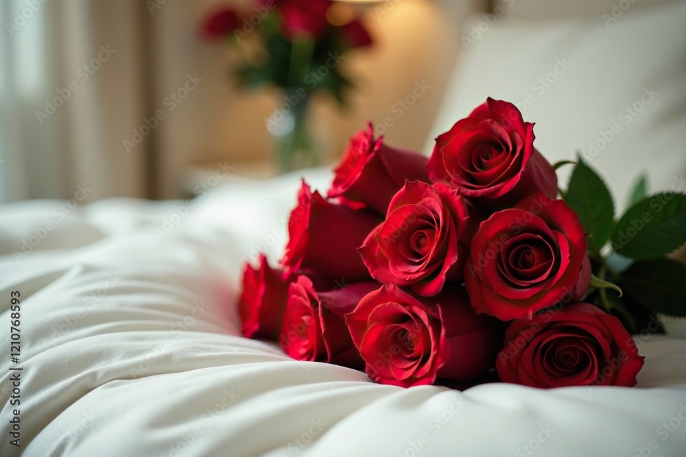 Fototapeta premium A bouquet of bright red roses in a luxurious bed, arrangement, luxury, decoration