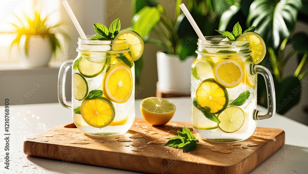 Fototapeta premium Refreshing Citrus Drink in Glass Jar on Wooden Board