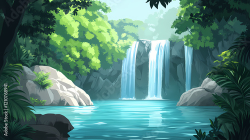 Scenic island oasis surrounded by crystal clear water and dense forests. Emerald Oasis. Illustration photo