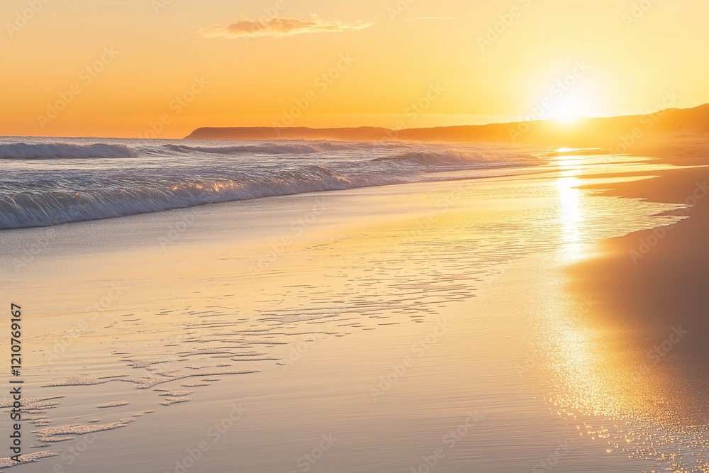 Obraz premium Golden Sunset on Beach: Backwash, Sand, and Shimmering Reflections