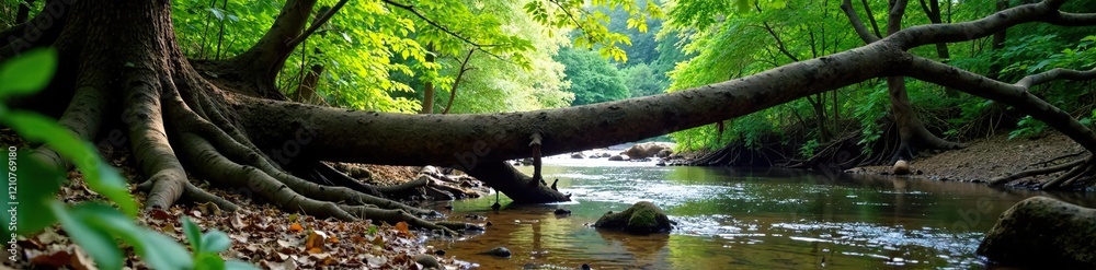 Fototapeta premium Fallen tree with roots exposed in Tarcoles River, forest floor, nature, plant life