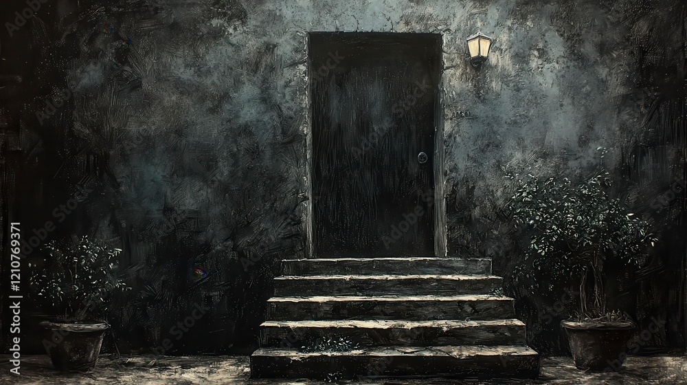 Dark doorway with stone steps, plants, and wall. Dark doorway with stone steps, plants, and wall.