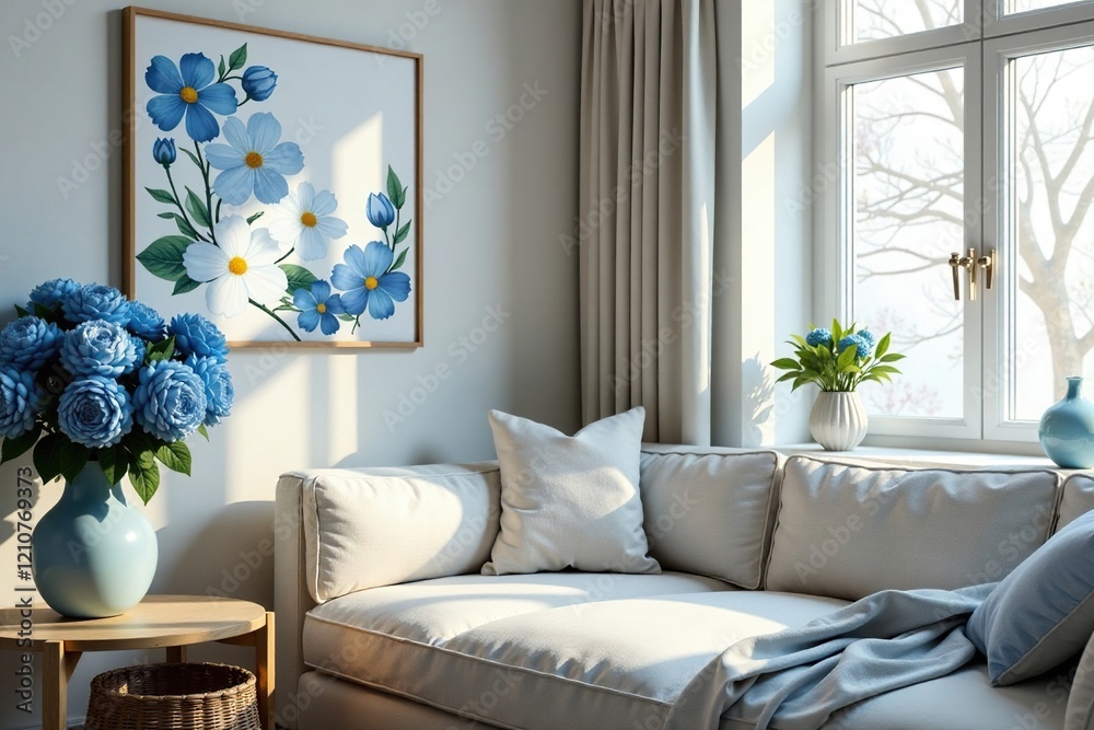 Naklejka premium Blue watercolour flowers in a cozy corner nook, warmhues, softcolors, cozy corner