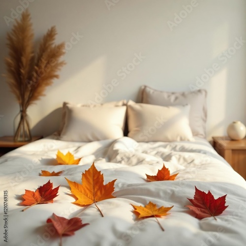 Soft autumn leaves scattered on a minimalist bed, cozy bed, autumn colors, minimalist bedroom
