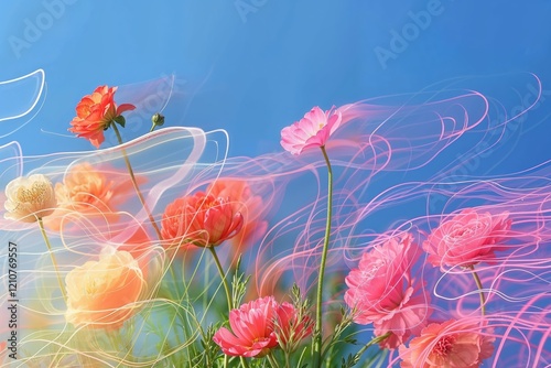 A photo of various flowers in pastel colors, dancing gracefully against the backdrop of a clear blue sky. The focus is on capturing motion and light effects as if through slow shutter photography.