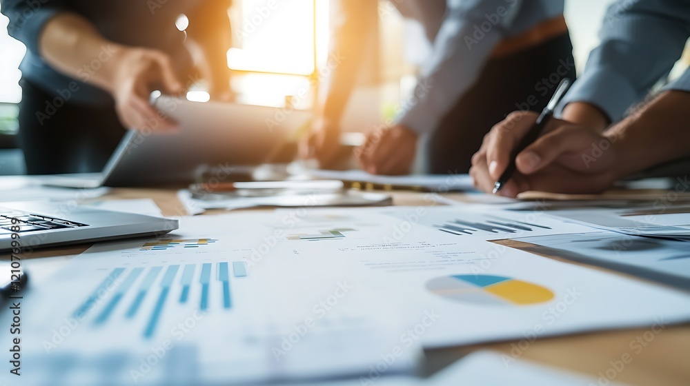A team of business professionals collaborates, analyzing financial data and charts to strategize. A team of business professionals collaborates, analyzing financial data and charts to strategize.