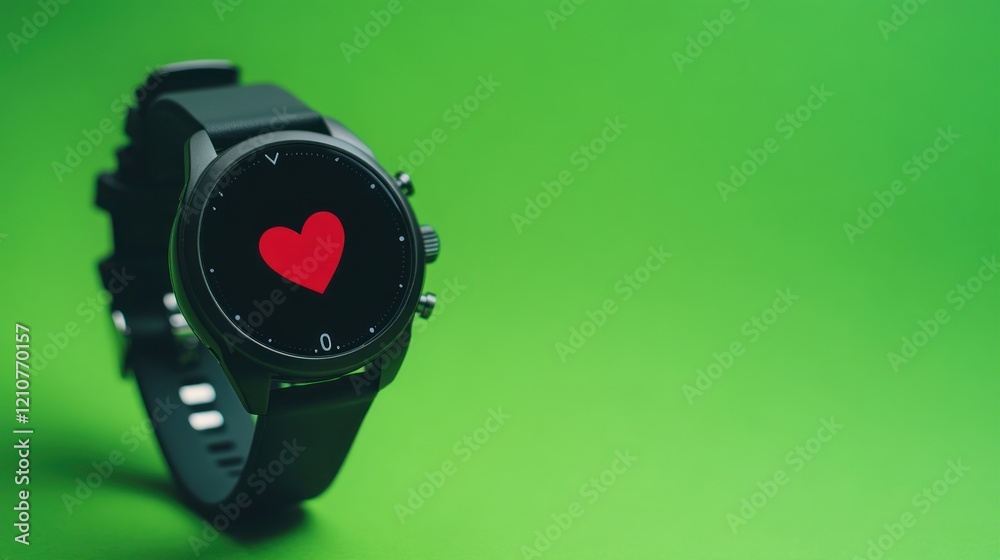 A black smartwatch with a red heart icon displayed on its screen against a green background A black smartwatch with a red heart icon displayed on its screen against a green background