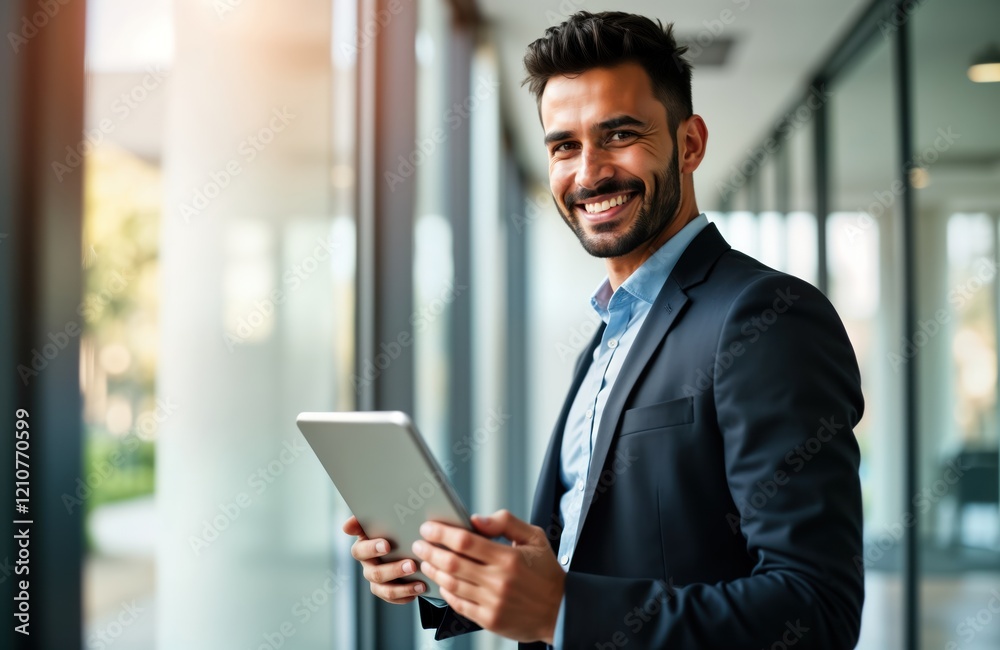 Young Latin businessman stands in office holding digital tablet. Looks directly at camera with friendly smile. Pro person uses tech device. Modern business lifestyle, work in office. Man pro employee Young Latin businessman stands in office holding digital tablet. Looks directly at camera with friendly smile. Pro person uses tech device. Modern business lifestyle, work in office. Man pro employee