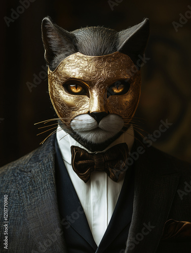 a male actor in a suit with golden mask. cat character	