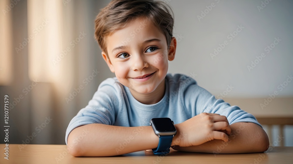 Charming young boy with smartwatch, sitting at table with warm natural light, friendly and confident smile Charming young boy with smartwatch, sitting at table with warm natural light, friendly and confident smile