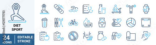 Diet and sport. Fitness related line icon set. Gym exercises linear icons. Sport and training outline vector signs and symbols collection.