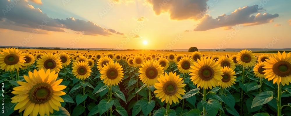 Obraz premium Sunflowers stretching towards the horizon in a vast open field, fields, sun, landscape