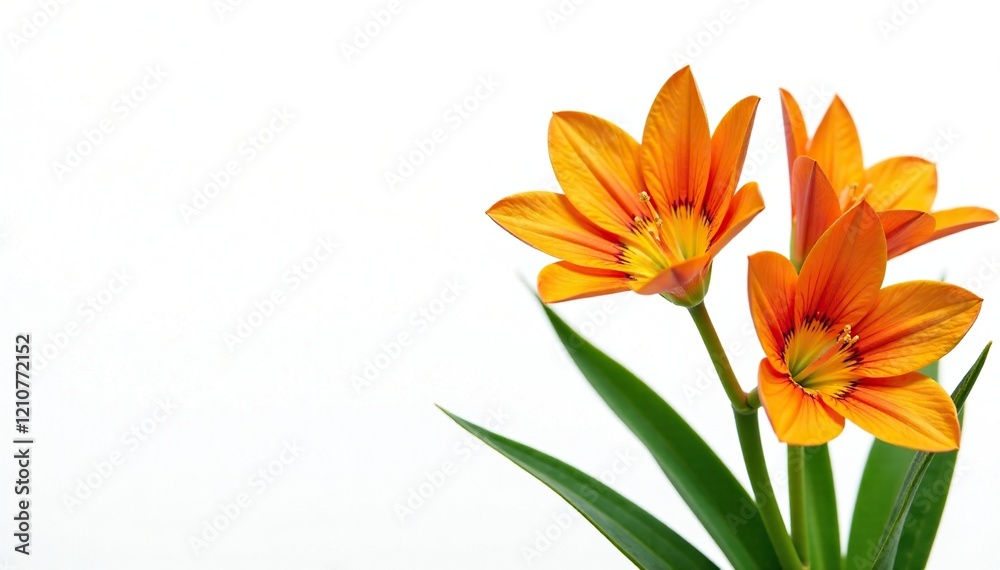 Bright orange flowers with green stem and leaves isolated on white, floral, white Bright orange flowers with green stem and leaves isolated on white, floral, white