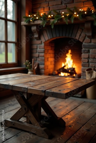 Cozy rustic wooden table in front of crackling fireplace, table, christmas, warm