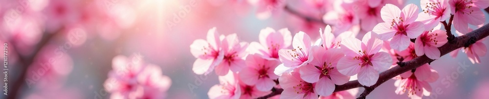 Fototapeta premium Cherry blossom tree covered in blossoms and leaves, blossoms, leaves