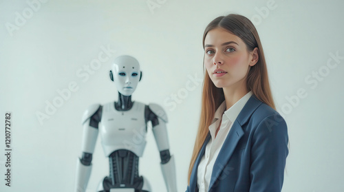 Concerned Businesswoman with Humanoid Robot Facing Fears of Job Displacement in the Age of AI