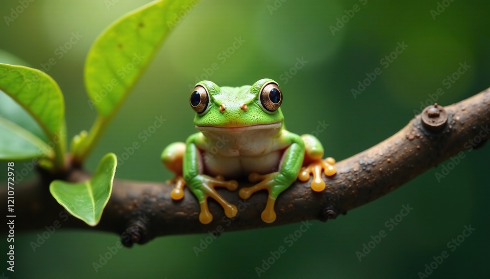 Naklejka premium Greenish-brown frog with white spots on branch, small tree frog, arboreal