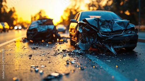 Serious car crash aftermath on a highway during sunset with damaged vehicles and debris scattered