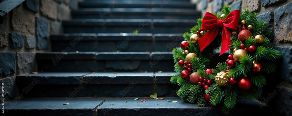 Fototapeta premium Colorful Christmas wreath on dark stone staircase, holiday, christmas