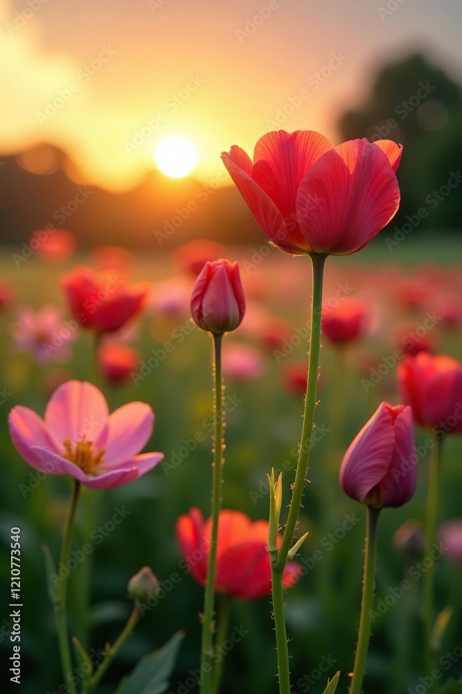 Soft petals unfurl as delicate wildflowers dance in the fading light of a summer sunset, flowers, blooms, Soft petals unfurl as delicate wildflowers dance in the fading light of a summer sunset, flowers, blooms,