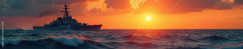 Fototapeta premium Warships in a bay during golden hour with waves crashing against the shore, sunset, wave