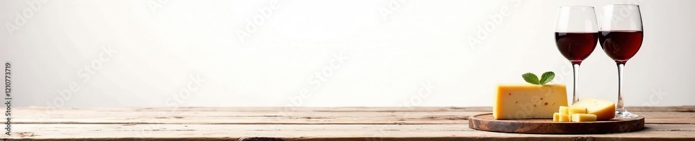Wooden table with red wine and cheese platter on white background, red wine, wood Wooden table with red wine and cheese platter on white background, red wine, wood