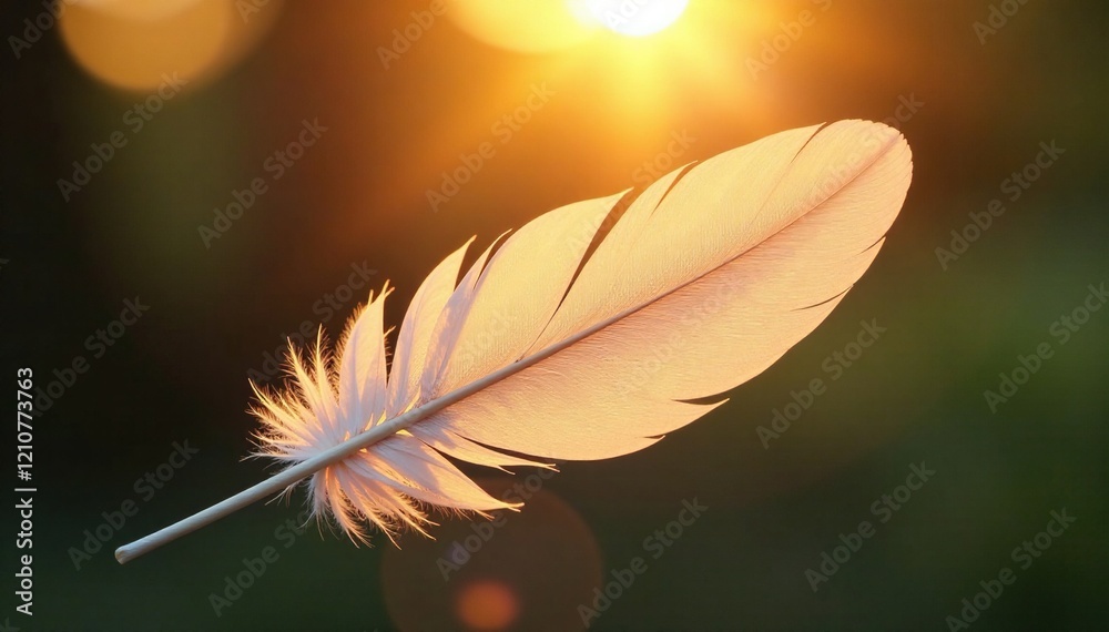 Naklejka premium A feather softly illuminated in the sun's rays, natural beam, warm sunbeam, soft focus