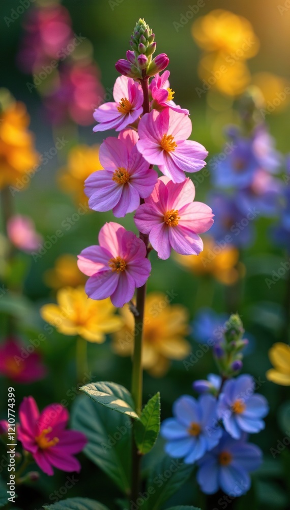 Fototapeta premium Blooming angelonia in a garden bed with other flowers, floral, mix, bloom