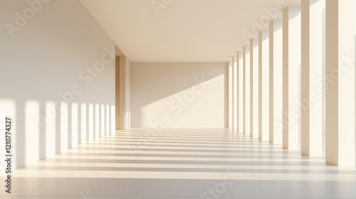 Minimalist architecture with sunlight casting long shadows through columns