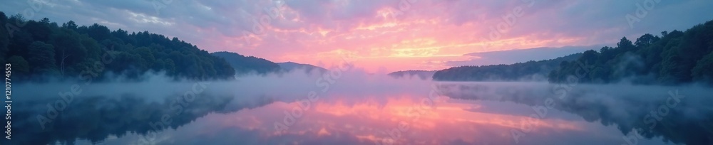 Obraz premium Evening clouds bring mist to still lake surface, fog, mist