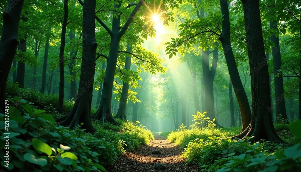 Fototapeta premium Dense forest canopy with sunlight filtering through leaves, sunlight, forest