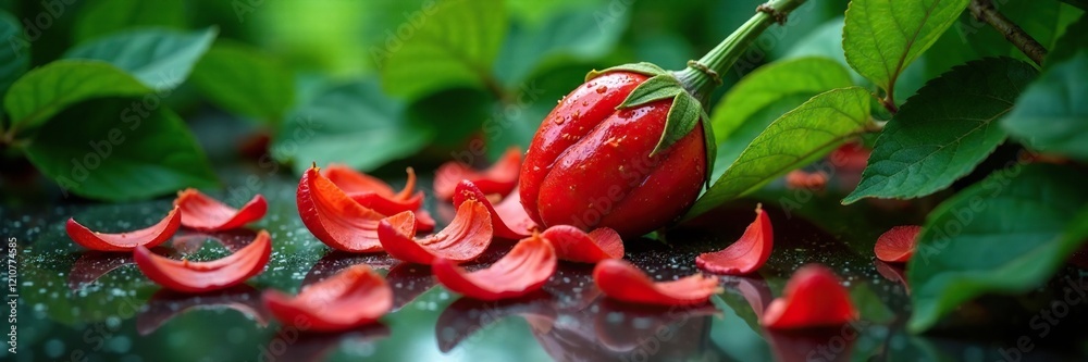 Fallen syzygium malaccense petals amidst lush green foliage, falling, foliage