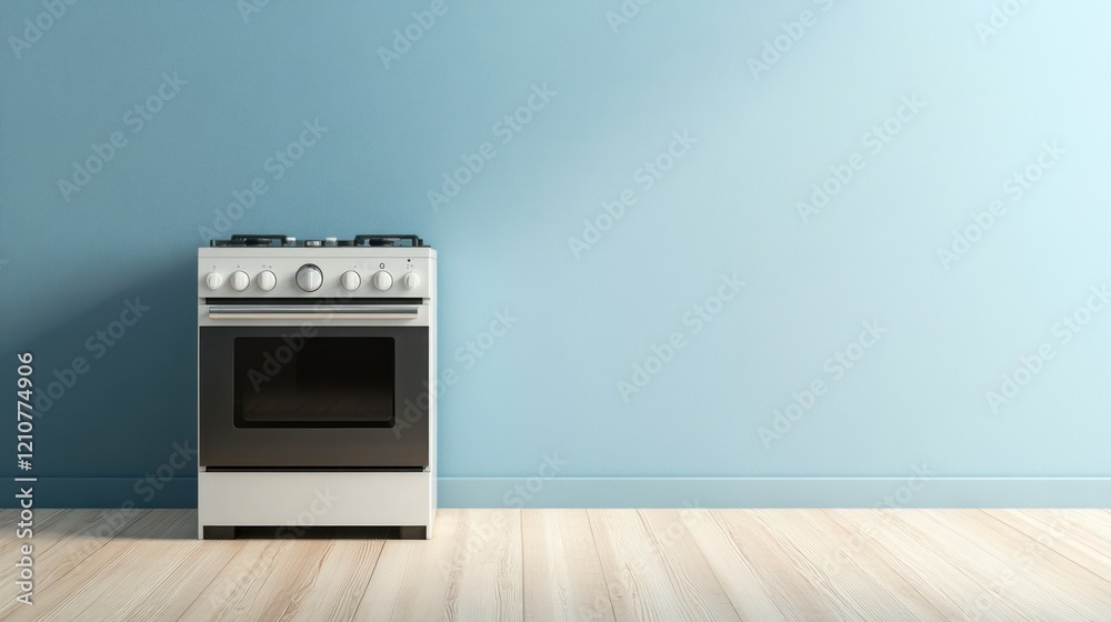 Obraz premium Modern white stove in minimalist kitchen, blue wall