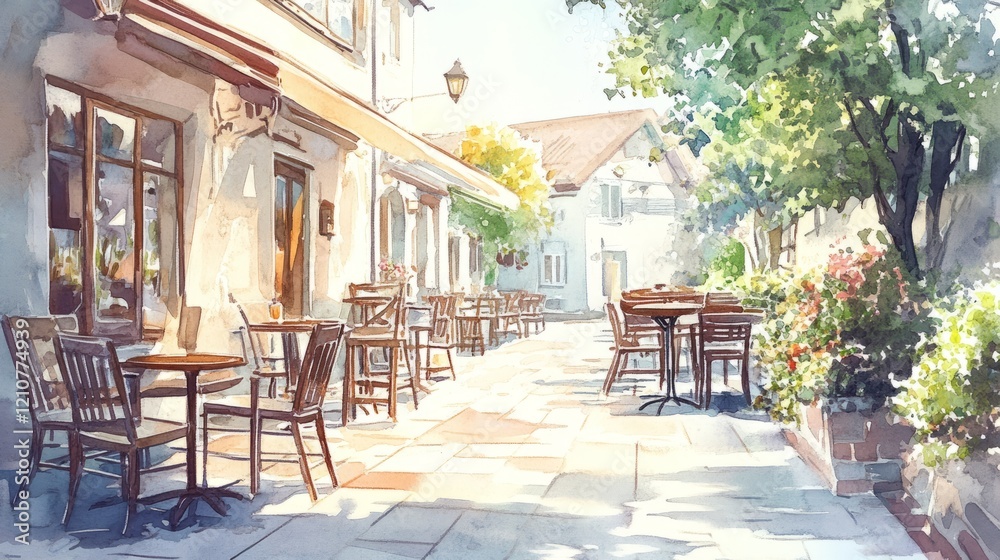 Fototapeta premium hand-drawn village cafe with outdoor seating, warm sunlight, cozy atmosphere, pastel watercolor style