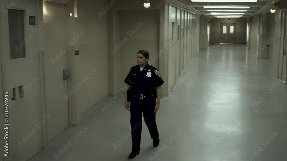Officer Patrols Empty Corridor in Detention Facility During Late Hours Officer Patrols Empty Corridor in Detention Facility During Late Hours