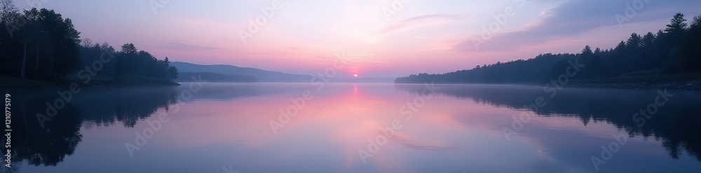 Fototapeta premium Calm lake surface at dusk with surrounding trees, peaceful, water